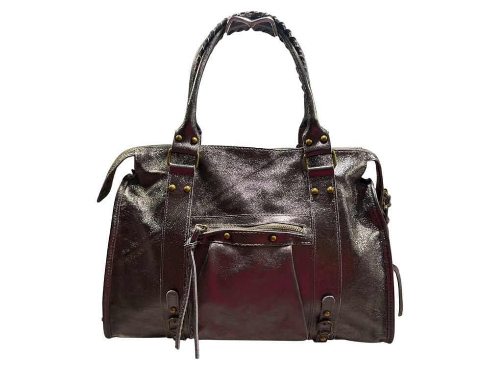 Metallic Pewter Genuine Leather Large Crossbody Bag